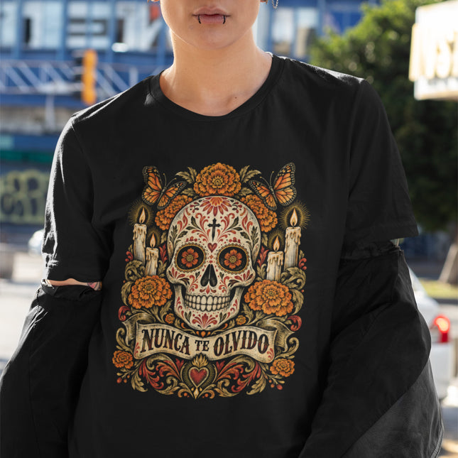 Nunca Te Olvido t-shirt featuring a remembrance skull, floral wreath, and candles design.