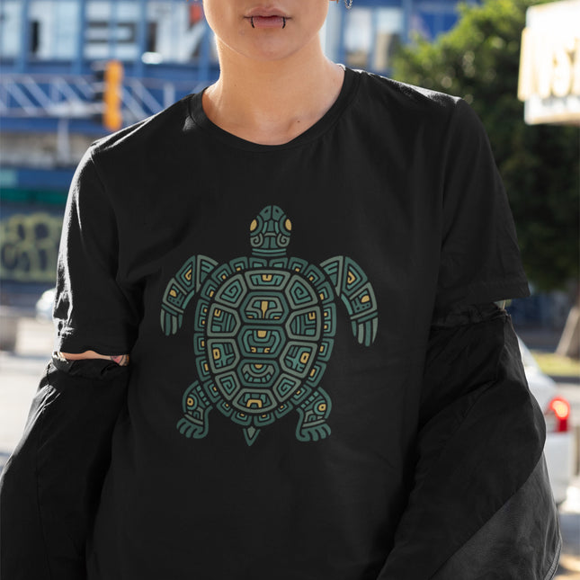 Mayan Turtle T-Shirt | Green and Gold Geometric Shell Design Tee