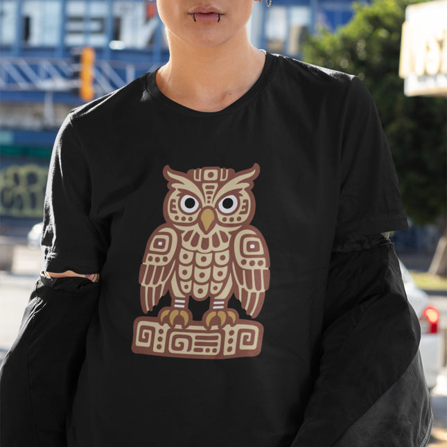 Mesoamerican Mayan owl graphic tee with warm geometric bird pattern.