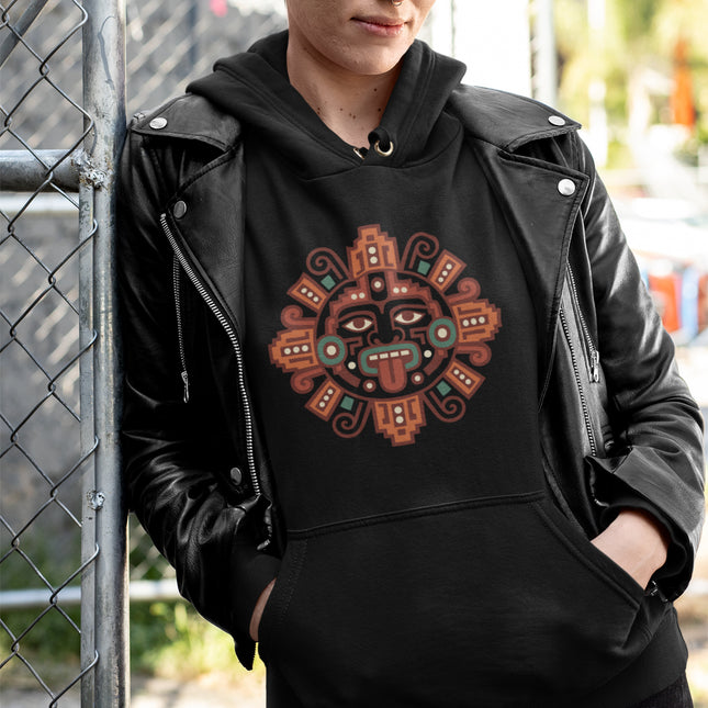 Mesoamerican Sun Hoodie | Mayan Orange Geometric Face Emblem Design