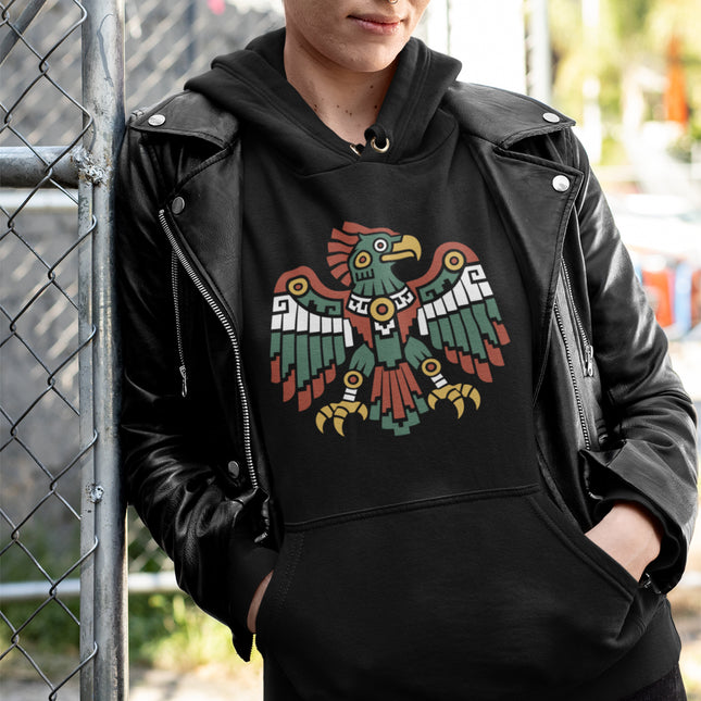 Aztec Eagle Hoodie | Spread-Wing Bird in Green, Red, and Gold