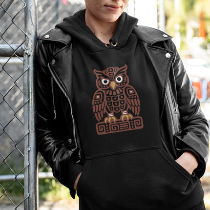 Mayan Owl Hoodie | Brown Geometric Bird with White Eyes Design