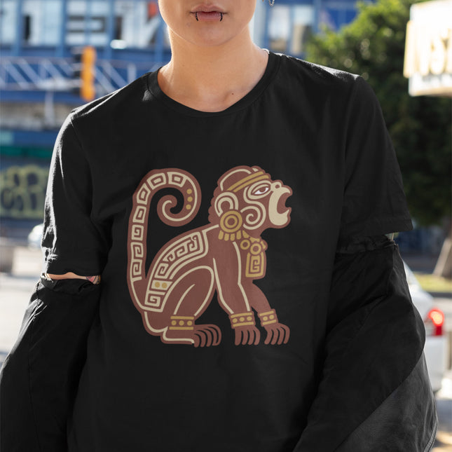 Mesoamerican howler monkey graphic tee design featuring tribal animal art.