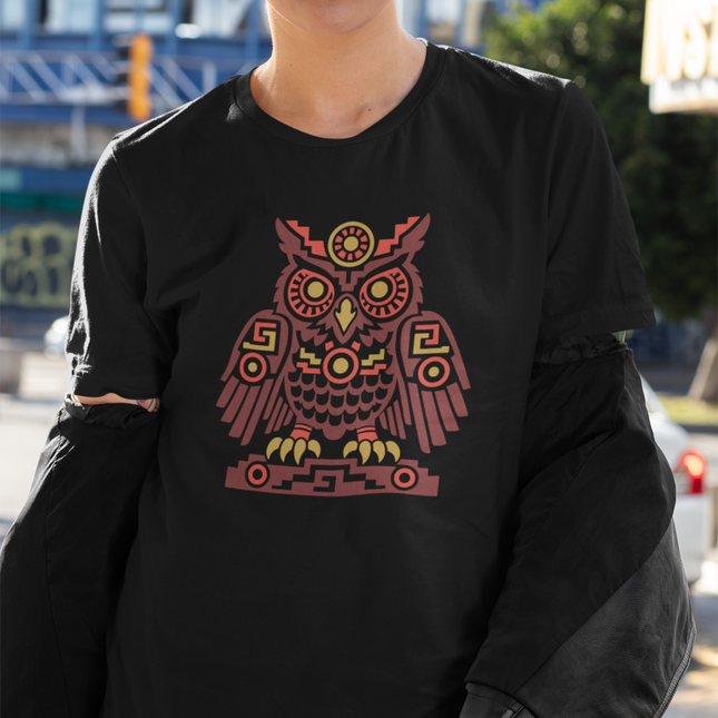 Aztec Owl T-Shirt | Rust and Gold Symmetrical Bird Illustration Tee