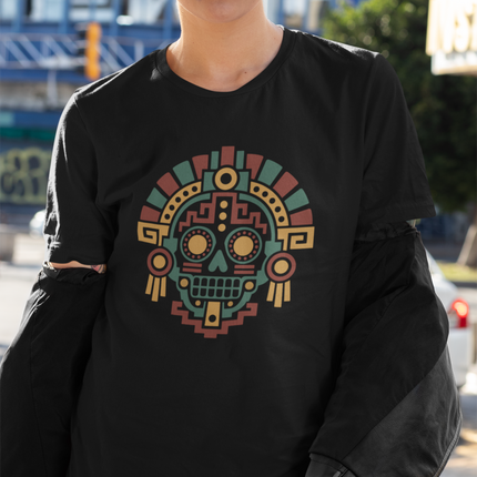 Aztec Skull T-Shirt | Geometric Mesoamerican Headdress Graphic Tee