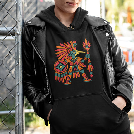 Aztec Hummingbird Warrior Hoodie | Red and Orange Bird Figure