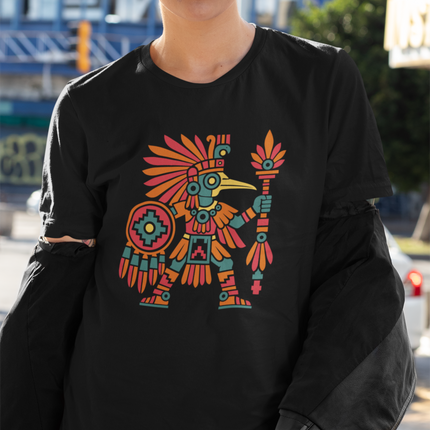 Aztec Hummingbird Warrior T-Shirt | Red and Gold Figure Graphic Tee