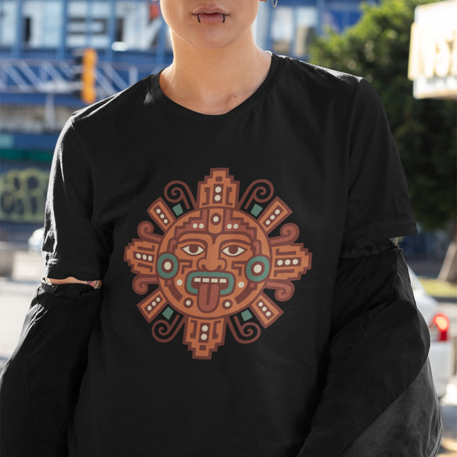 Mayan sun graphic tee featuring terracotta-inspired Mesoamerican symbols and ancient motifs.