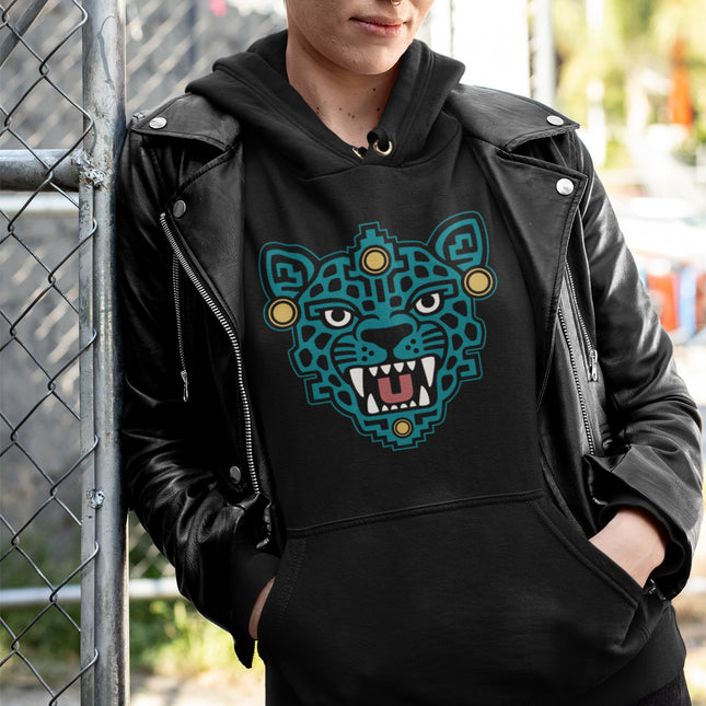 Aztec Jaguar Mask Hoodie | Teal Feline Face with White Fangs