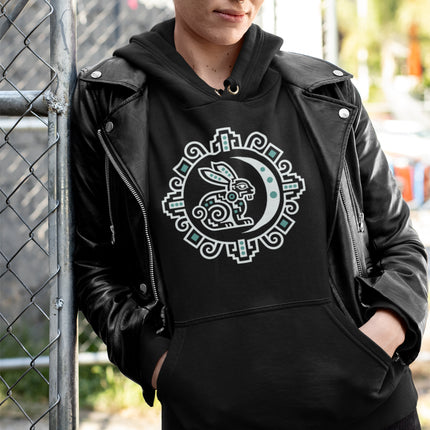 Maya Rabbit Moon Hoodie | White and Teal Crescent Medallion