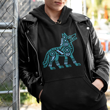 Aztec Coyote Hoodie | Teal and Blue Geometric Canine Graphic