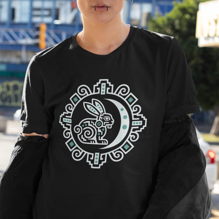 Mayan Rabbit Moon T-Shirt | White Crescent and Geometric Border Tee
