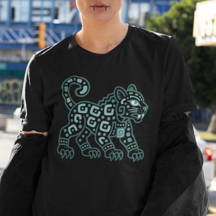 Mayan Jaguar T-Shirt | Teal Walking Cat with Geometric Markings Tee