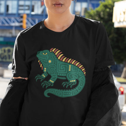 Mayan Iguana T-Shirt | Green Geometric Lizard with Striped Crest Tee