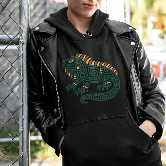 Mayan Iguana Hoodie | Green Reptile with Gold Spines Hooded Sweatshirt