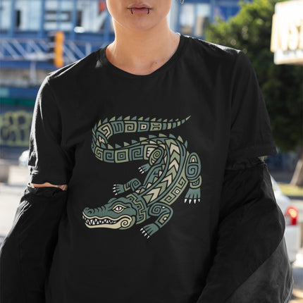 Mayan Crocodile T-Shirt | Curled Reptile with Geometric Patterns Tee
