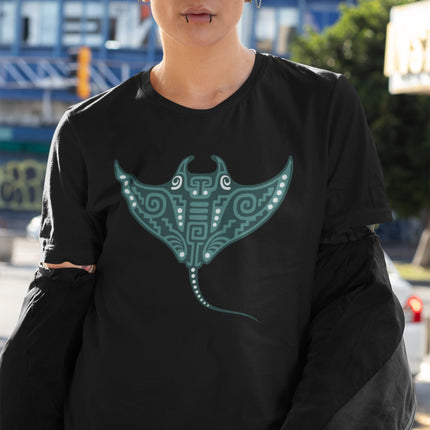 Mayan Manta Ray T-Shirt | Teal Patterned Wings and Sweeping Tail Tee