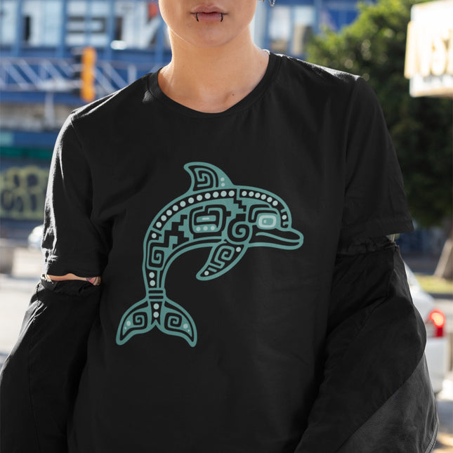 Mayan Dolphin T-Shirt | Teal Geometric Marine Animal Illustration Tee