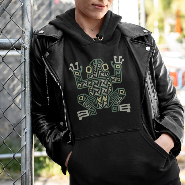 Mayan Frog Hoodie | Green and Cream Geometric Hooded Sweatshirt