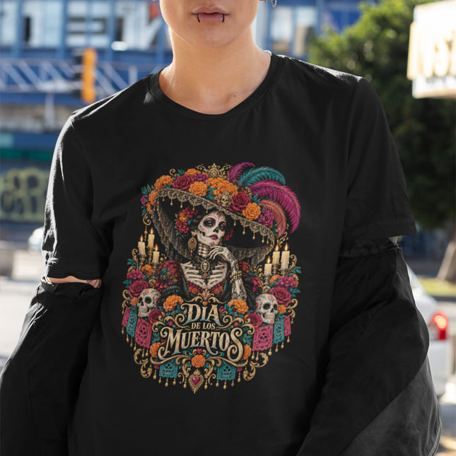 Floral skeleton portrait and candles on a black Día de los Muertos t-shirt.