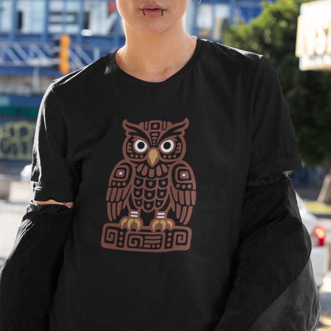 Mayan Owl T-Shirt | Rust Geometric Bird with Pale Circular Eyes Tee