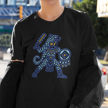 Aztec Jaguar Warrior T-Shirt | Blue and Gold Mesoamerican Graphic Tee