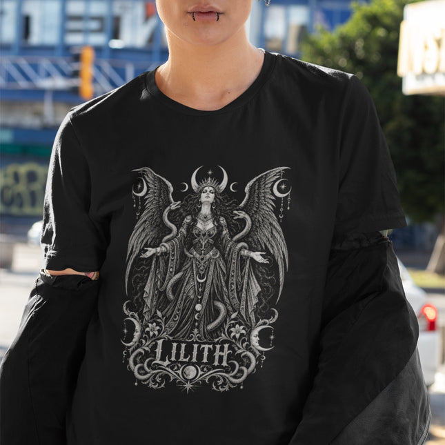 Gothic Lilith fantasy tee featuring winged figure and crescent moons design.