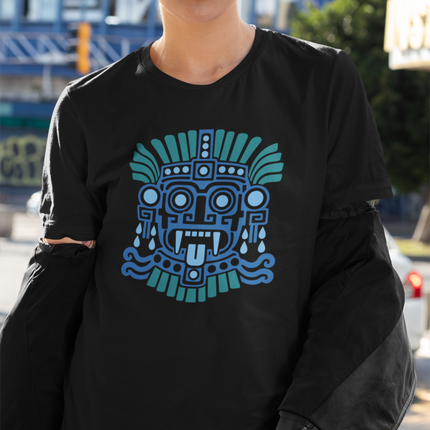 Aztec Tlaloc T-Shirt | Blue Rain God Face with Geometric Details Tee