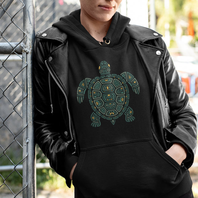 Mayan Turtle Hoodie | Green Geometric Shell and Flippers Design