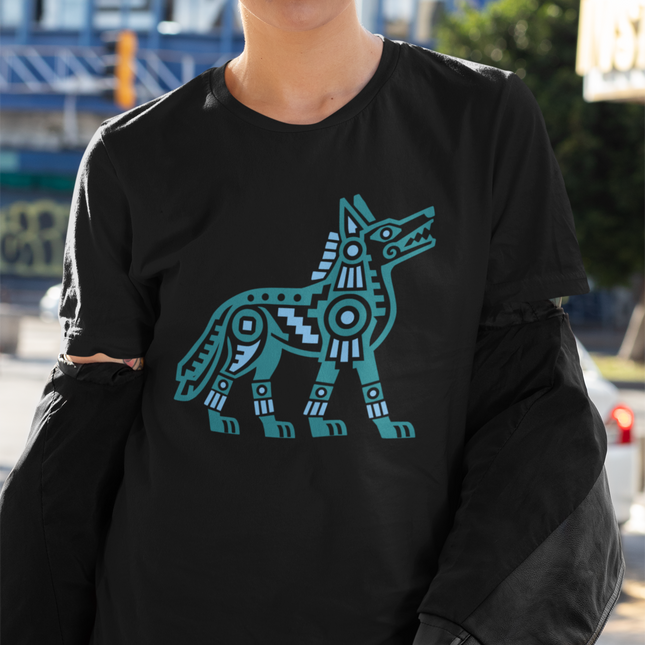 Aztec Coyote T-Shirt | Blue Geometric Mesoamerican Animal Art Tee