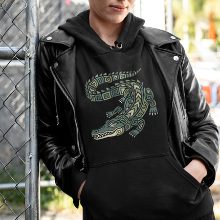 Mayan Crocodile Hoodie | Green Geometric Reptile Hooded Sweatshirt