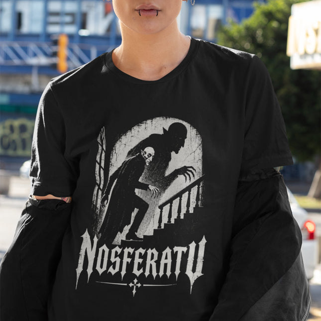 Nosferatu vampire horror t-shirt featuring a gothic staircase shadow graphic design.