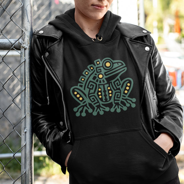 Aztec Frog Hoodie | Green and Gold Geometric Amphibian Art