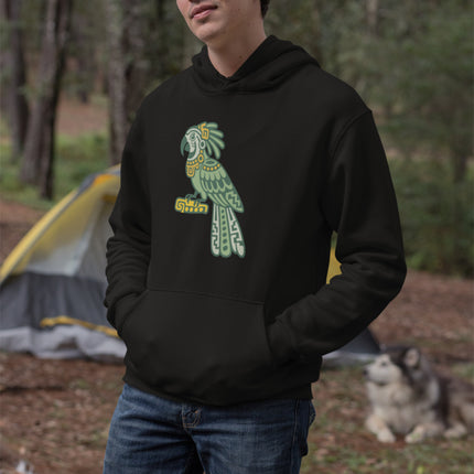 Mayan Parrot Hoodie | Green Bird with Long Patterned Tail Design