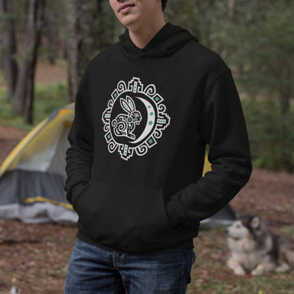 Maya Rabbit Moon Hoodie | White and Teal Crescent Medallion