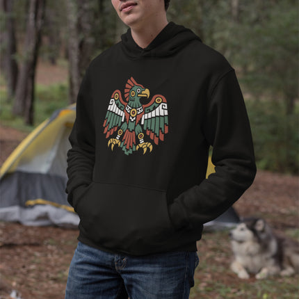 Aztec Eagle Hoodie | Spread-Wing Bird in Green, Red, and Gold