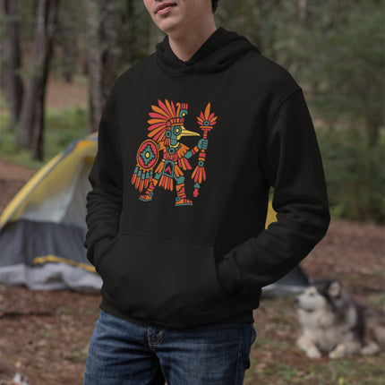 Aztec Hummingbird Warrior Hoodie | Red and Orange Bird Figure