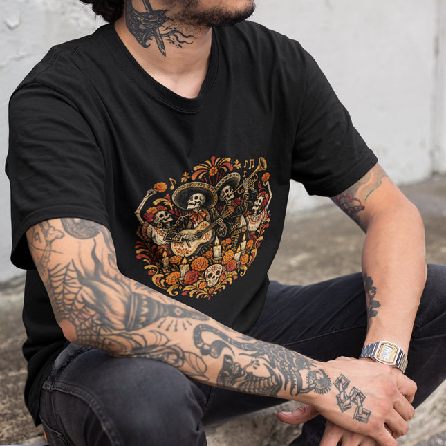 Vibrant Day of the Dead skeleton musicians and marigold art graphic t-shirt.