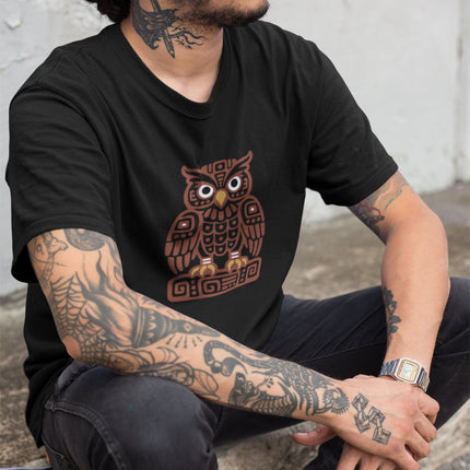 Mayan Owl T-Shirt | Rust Geometric Bird with Pale Circular Eyes Tee
