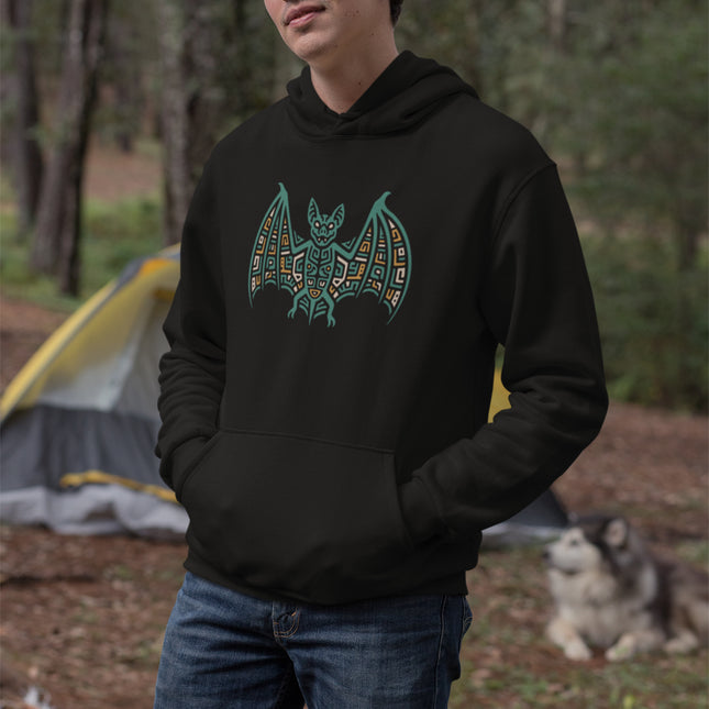 Mayan Bat Hoodie | Teal Wings with Geometric Hooded Sweatshirt