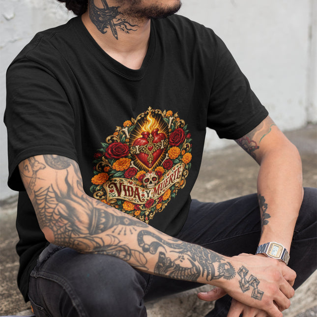 Vida y Muerte t-shirt featuring flaming heart, skull, and intricate floral artwork design.