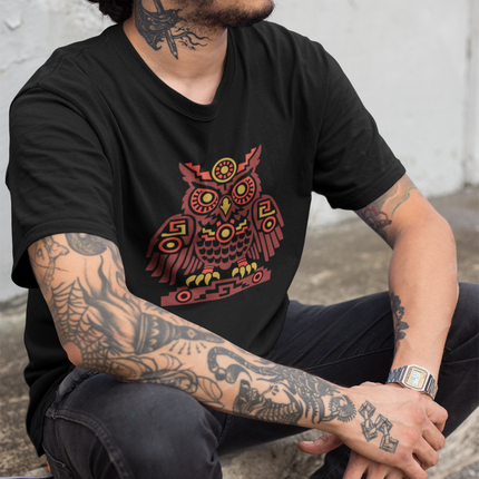 Aztec Owl T-Shirt | Rust and Gold Symmetrical Bird Illustration Tee