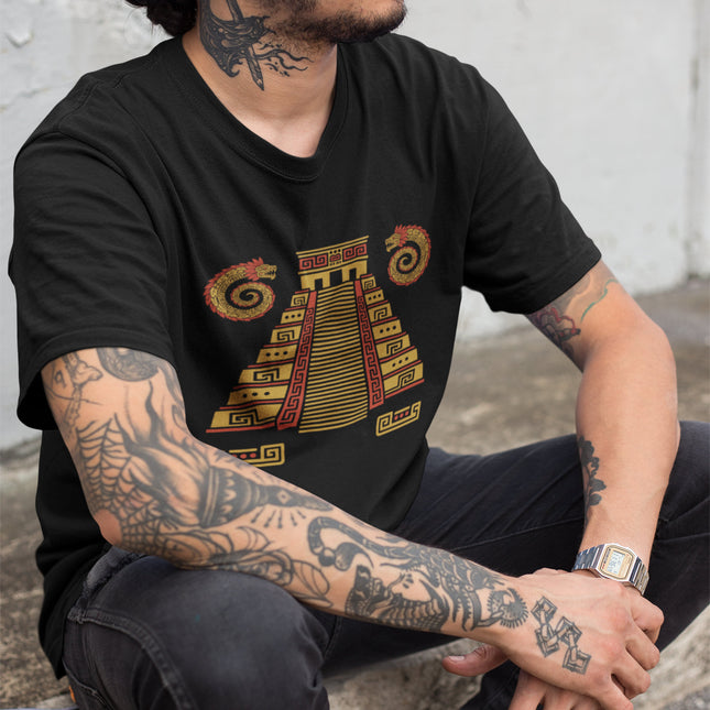 Mayan Pyramid T-Shirt | Gold Stepped Temple with Serpents Tee