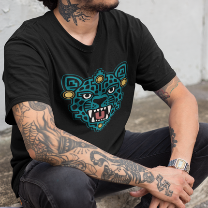 Aztec Jaguar Mask T-Shirt | Teal Feline Face and Gold Details Tee