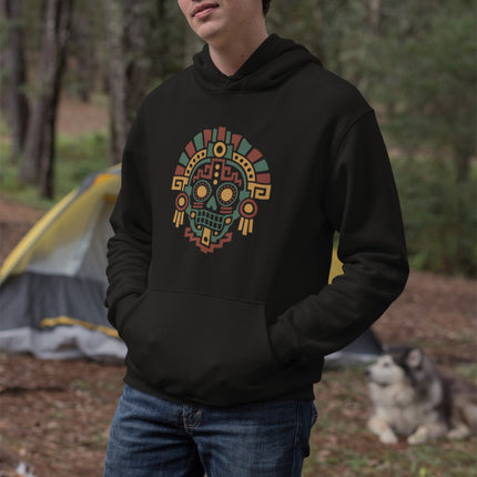 Aztec Mictlan Skull Hoodie | Green, Red, and Gold Mask Design