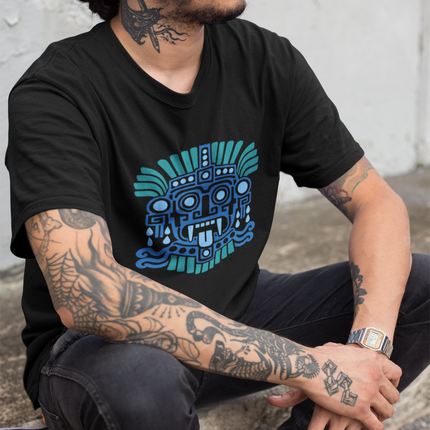 Aztec Tlaloc T-Shirt | Blue Rain God Face with Geometric Details Tee