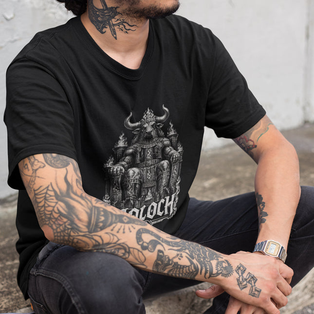Moloch horned throne figure gothic fantasy art t-shirt design.
