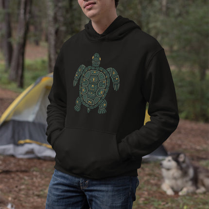 Mayan Turtle Hoodie | Green Geometric Shell and Flippers Design