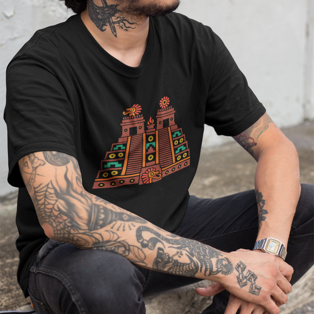 Aztec Temple T-Shirt | Red and Gold Stepped Architecture Design Tee