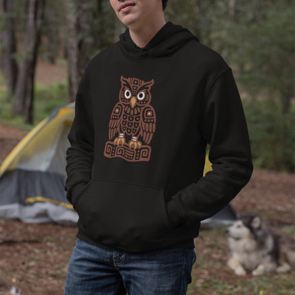 Mayan Owl Hoodie | Brown Geometric Bird with White Eyes Design